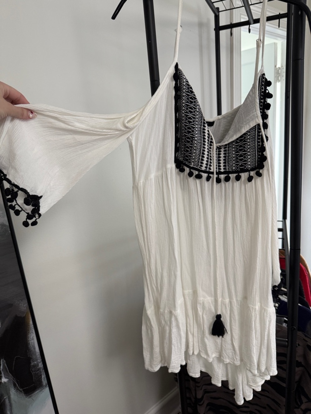 White Boho Tassel Sundress with Black Embroidered Yoke
